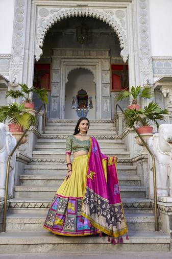 Mustard Tussar Silk Foil Work Lehenga Choli