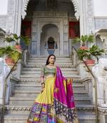 Mustard Tussar Silk Foil Work Lehenga Choli