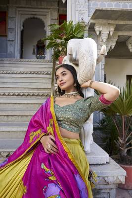 Mustard Tussar Silk Foil Work Lehenga Choli 3