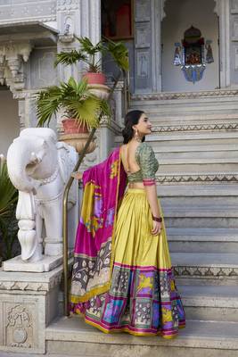 Mustard Tussar Silk Foil Work Lehenga Choli 4