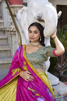 Mustard Tussar Silk Foil Work Lehenga Choli 5
