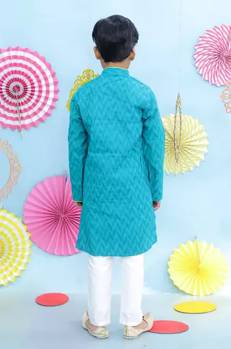 Turquoise printed cotton kurta pyjama