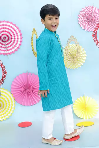 Turquoise printed cotton kurta pyjama