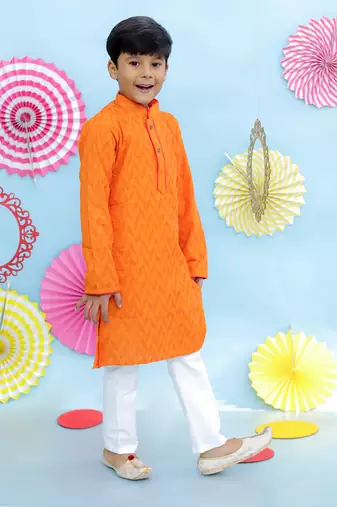 Orange printed cotton kurta pyjama