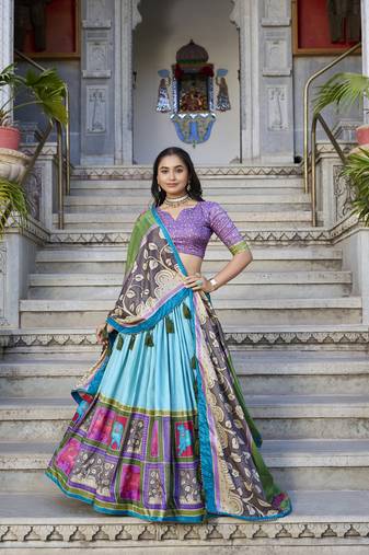 sea green Tussar Silk Foil Work Lehenga Choli