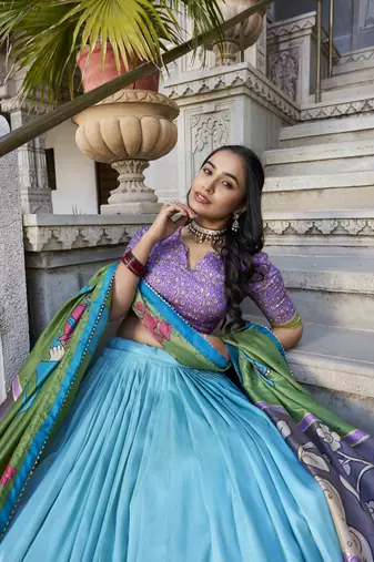 sea green Tussar Silk Foil Work Lehenga Choli