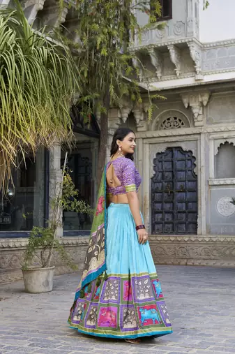sea green Tussar Silk Foil Work Lehenga Choli