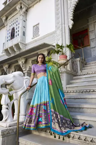 sea green Tussar Silk Foil Work Lehenga Choli