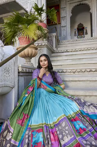 sea green Tussar Silk Foil Work Lehenga Choli
