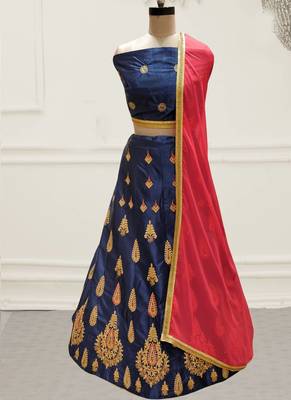 Blue Embroidery Satin Silk Party Wear Ethnic Lehengas 1