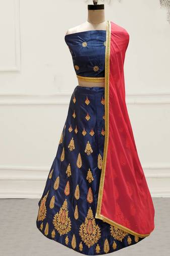Blue Embroidery Satin Silk Party Wear Ethnic Lehengas