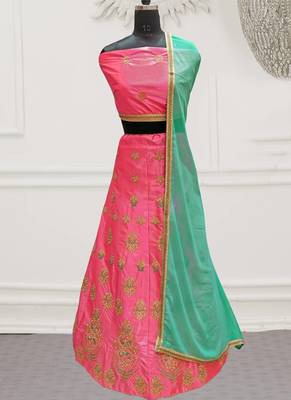 Pink Embroidery Satin Silk Party Wear Ethnic Lehengas 1