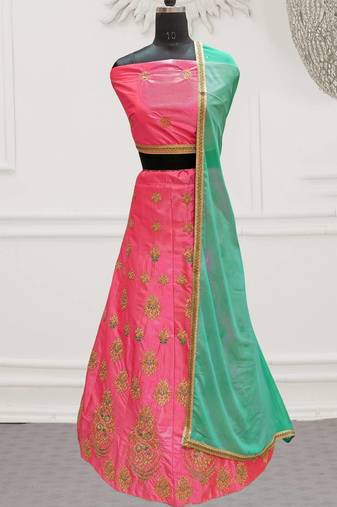 Pink Embroidery Satin Silk Party Wear Ethnic Lehengas