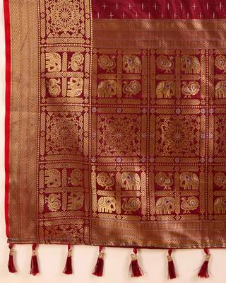 Women Maroon Kanjivaram Saree And Zari Work Rich Pallu Saree With Blouse For Women 4