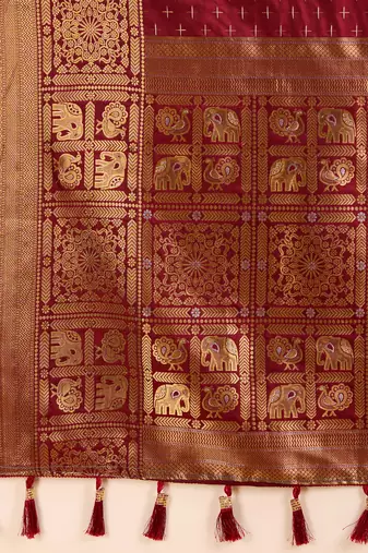 Women Maroon Kanjivaram Saree And Zari Work Rich Pallu Saree With Blouse For Women