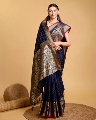 Women Navy Blue Kanjivaram Saree And Zari Work Rich Pallu Saree With Blouse For Women 3