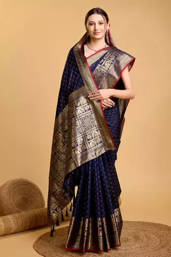 Women Navy Blue Kanjivaram Saree And Zari Work Rich Pallu Saree With Blouse For Women
