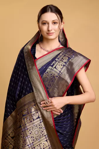 Women Navy Blue Kanjivaram Saree And Zari Work Rich Pallu Saree With Blouse For Women