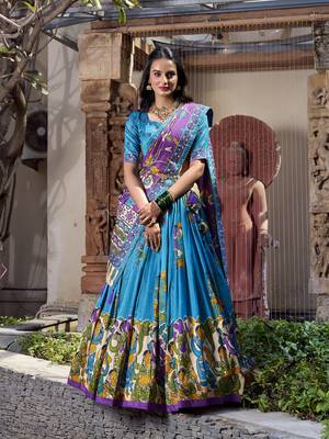 teal Tussar Silk Foil Work Lehenga Choli 1