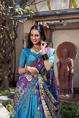 teal Tussar Silk Foil Work Lehenga Choli 3