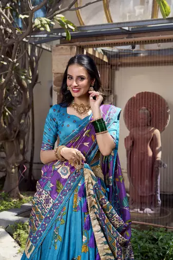 teal Tussar Silk Foil Work Lehenga Choli