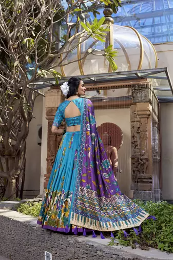 teal Tussar Silk Foil Work Lehenga Choli