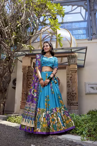 teal Tussar Silk Foil Work Lehenga Choli