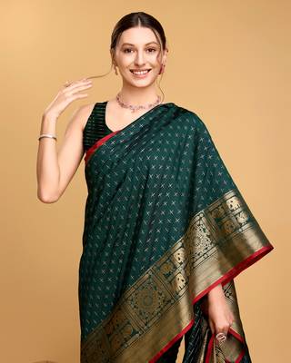 Women Green Kanjivaram Style Saree And Zari Work Rich Pallu Saree With Blouse For Women 3