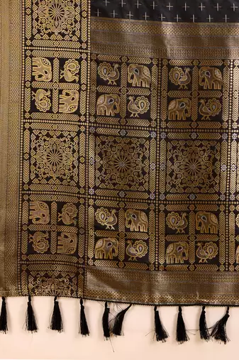 Women Black Kanjivaram Style Saree And Zari Work Rich Pallu Saree With Blouse For Women