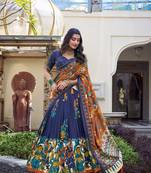 Navy blue Tussar Silk Foil Work Lehenga Choli