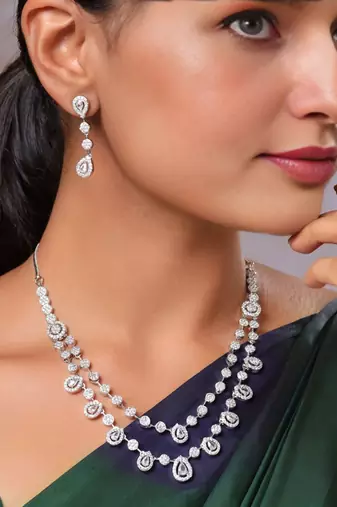 Rhodium plated ad american diamond cz cubic zerconia gemstone-studded layered necklace indian jewelry set