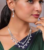 Rhodium plated ad american diamond cz cubic zerconia gemstone-studded layered necklace indian jewelry set