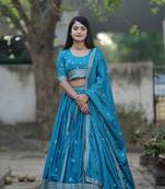 Firozi Thread and Silver Zari Work Chinon Lehenga With Unstitched Blouse