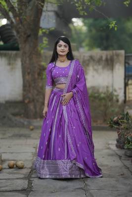 Purple Thread and Silver Zari Work Chinon Lehenga With Unstitched Blouse 1