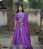 Purple Thread and Silver Zari Work Chinon Lehenga With Unstitched Blouse