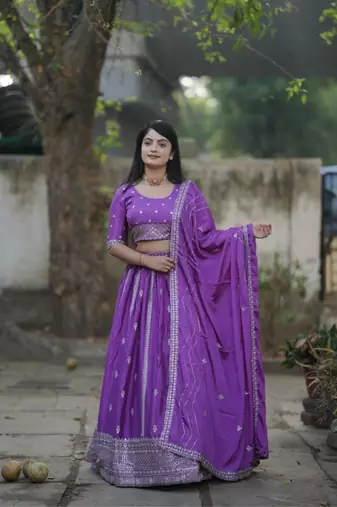 Purple Thread and Silver Zari Work Chinon Lehenga With Unstitched Blouse