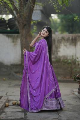 Purple Thread and Silver Zari Work Chinon Lehenga With Unstitched Blouse 3