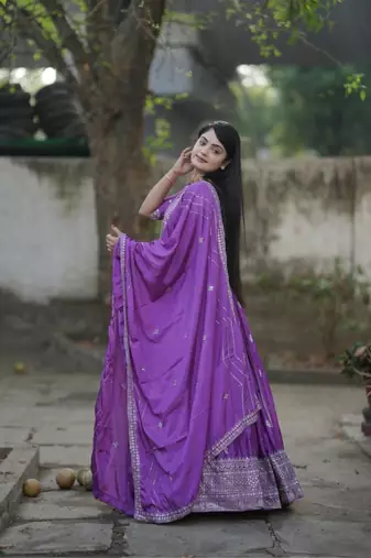 Purple Thread and Silver Zari Work Chinon Lehenga With Unstitched Blouse