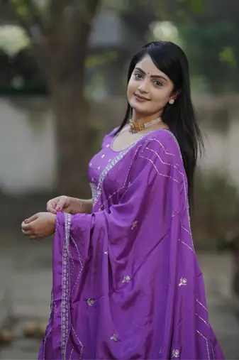 Purple Thread and Silver Zari Work Chinon Lehenga With Unstitched Blouse