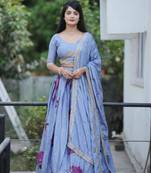 Firozi Floral Print Embroidery Design Chinon Lehenga With Unstitched Blouse