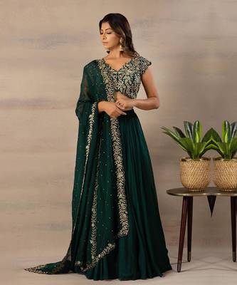 Green Sequin Embroidered Faux Georgette Party wear Semi Stitched  Lehenga choli with Dupatta  1