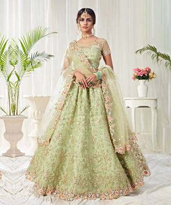 Green Net Multicolor Zari Work Floral Embroidered Wedding Lehenga Choli with Net Blouse 1