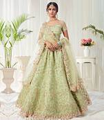 Green Net Multicolor Zari Work Floral Embroidered Wedding Lehenga Choli with Net Blouse