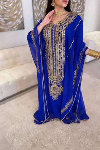 royal blue Moroccan Dubai Kaftans Farasha Abaya Dress  Fancy Long Gown 
