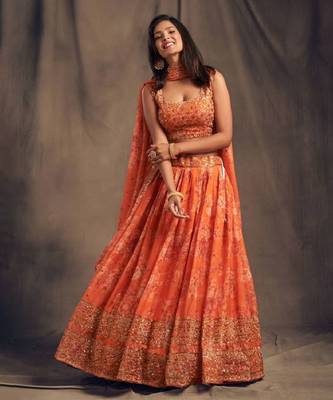 Orange Organza Lehenga Choli with Embroidery Zari Work 5