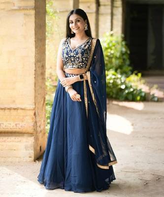Navy Blue Georgette Sequin Embroidery Lehenga Choli 1