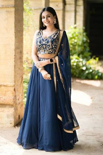 Navy Blue Georgette Sequin Embroidery Lehenga Choli