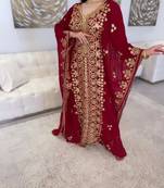 red  Moroccan Dubai Kaftan Arabic Abaya Dress  Fancy Long Gown 