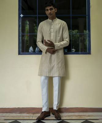 Beige embroidered silk kurta pajama 1