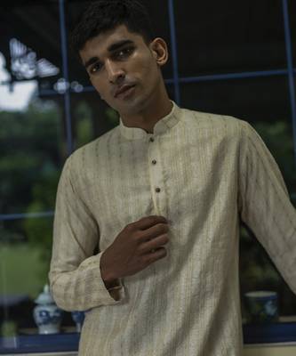 Beige embroidered silk kurta pajama 2